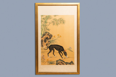 Chinese school, after Lang Shining, ink and colour on silk, 19/20th C.: 'Portrait of a dog'